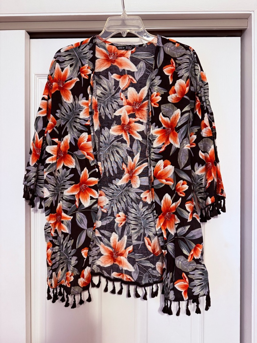 SHEIN Orange Tropical Floral Tassel Kimono - Size Medium
